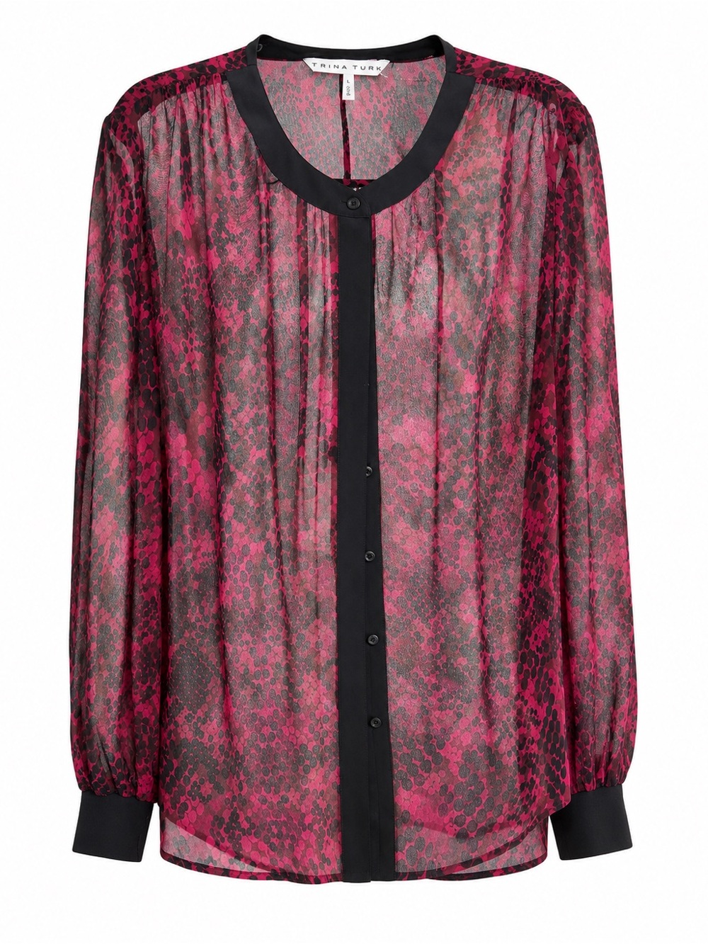 Trina Turk Pink Black Snake Print Sheer Button Blouse L NWT
